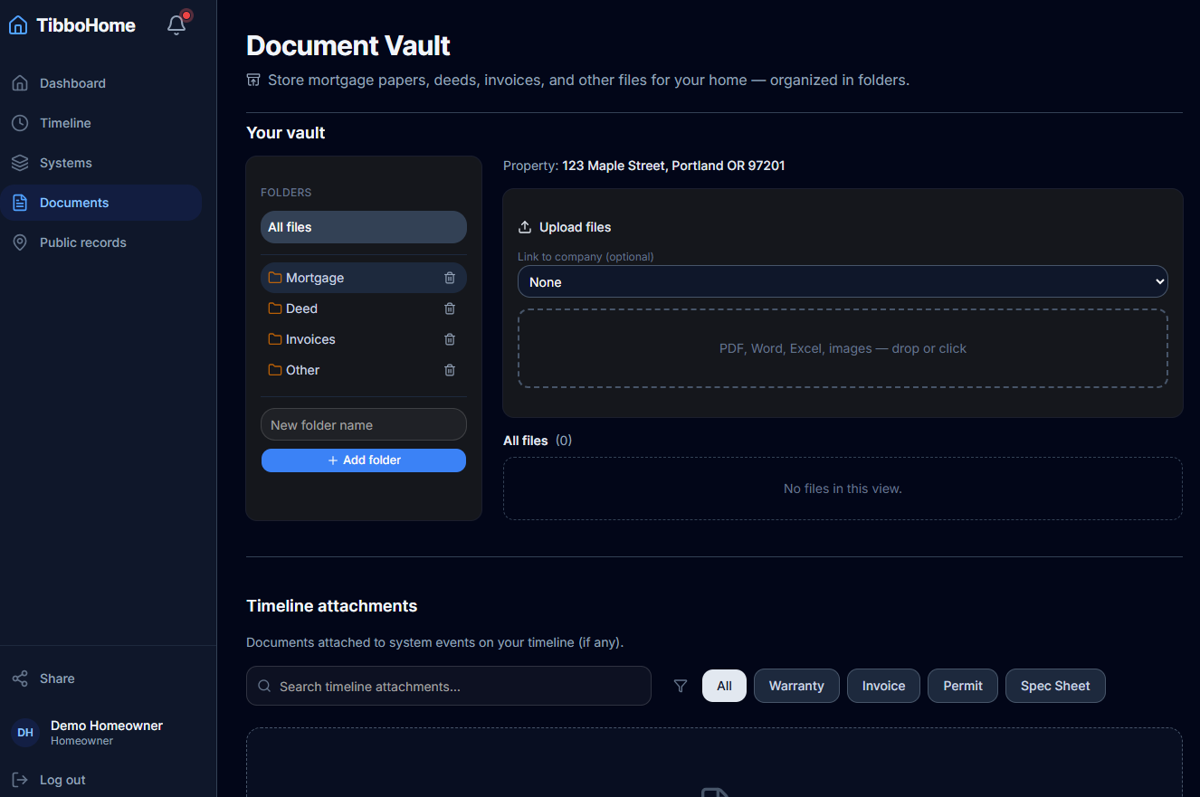 Documents list with file-style rows for manuals, invoices, and uploads.