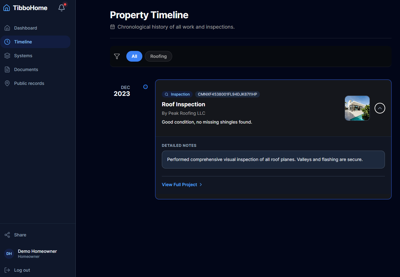 Timeline view showing dated maintenance and improvement entries in a vertical feed.